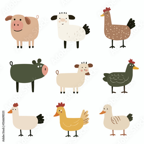 Playful flat farm animal clipart set with simple cartoon cow, pig, sheep, chicken and duck for packaging, nursery decor, printable crafts and greeting cards
