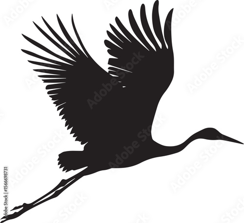 Crane Flying Wings fully spread body in mid-air neck extended legs trailing. full length silhouette black vector illustration