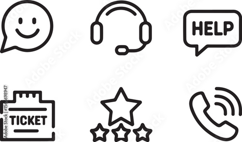 Customer Support Icons:  Help, Ticket, Headset, Feedback, Phone, Modern Line Art Style