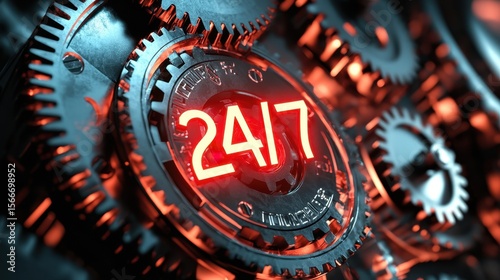 Red glowing numbers show 24/7 amidst intricate metal gears, symbolizing constant activity and readiness in a mechanical environment. The design emphasizes efficiency and reliability