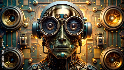 Intricate steampunk robot head with speakers and detailed circuitry background