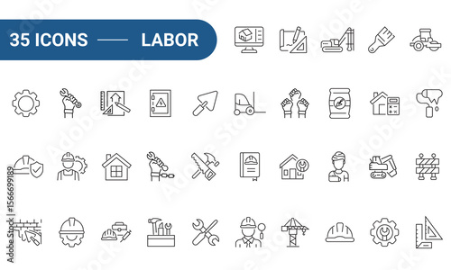 Labor Icons Set in Line or outline Style related to labor, construction, labor day, renovation. Icons For Web and Mobile Apps. Outline icons collection. Editable strokes. Vector illustration.