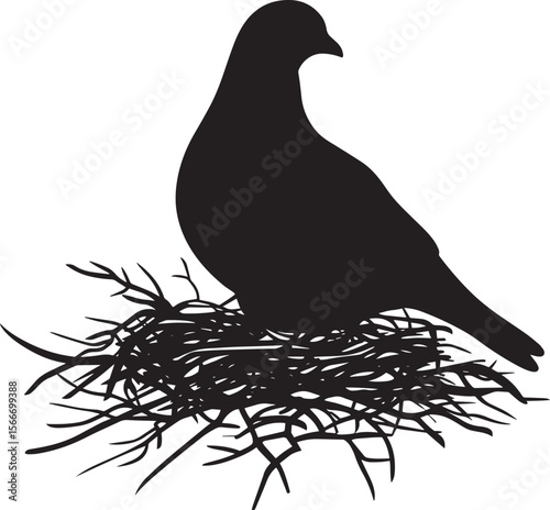 Pigeon Nesting Sitting inside a nest body low head alert wings tucked in. full length silhouette black vector illustration