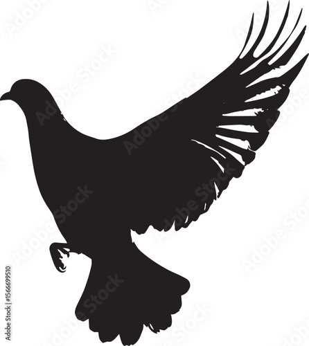Pigeon Flapping Wings moving rapidly body slightly lifted preparing for flight. full length silhouette black vector illustration