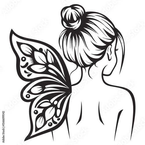 Elegant Woman with Delicate Butterfly Wing Back View	