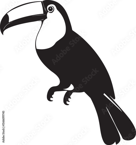 Toucan Hopping Body slightly lifted legs bent wings tucked in tail raised. full length silhouette black vector illustration