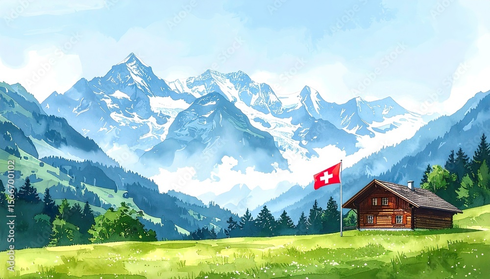 Obraz premium Swiss Alpine Landscape Watercolor with Chalet and Flag 