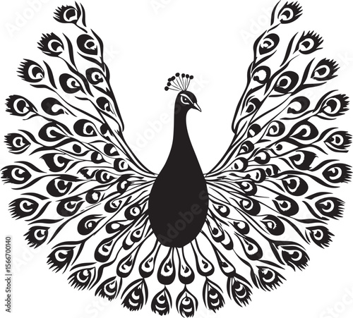 Peacock Flapping Wings Wings spread outward body slightly lifted tail slightly raised. full length silhouette black vector illustration