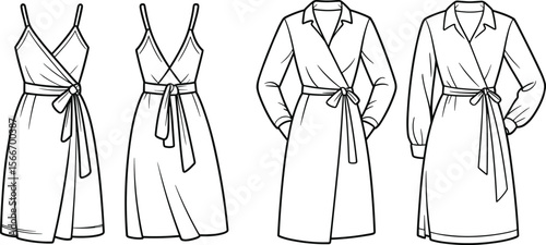 Wrap dress flat sketches – women's fashion CAD set with sleeveless, long sleeve, and collar variations, perfect for tech packs and fashion design templates.