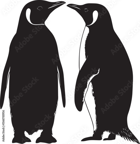 Penguin Pairing Two penguins close together standing side by side with heads slightly tilted. full length silhouette black vector illustration