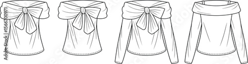 Off-shoulder women's top flat sketch – fashion CAD set with bow detail variations, long and short sleeves, ideal for tech packs and fashion design templates.