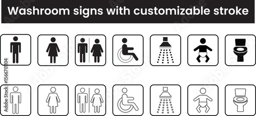 Washroom signs and symbols, toilet and restroom icon set, gents, ladies, disabled person, baby changing room, shower, customizable stroke, vector, illustration