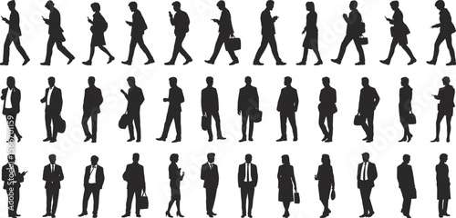 Business people silhouette set, walking and standing with smartphone, office worker vector, professional men and women urban lifestyle design