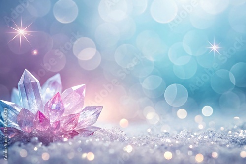 Sparkling pink and blue crystals on snowy ground with bokeh lights
