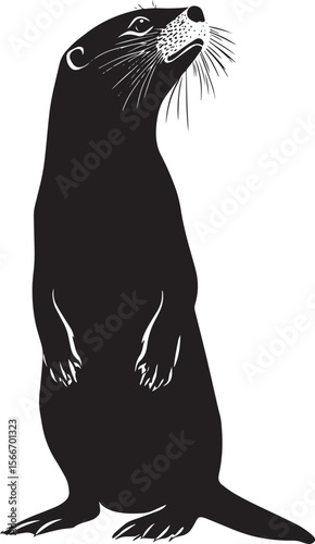 Otter Communicating Body upright with head slightly raised, making vocal sounds. full length silhouette black vector illustration