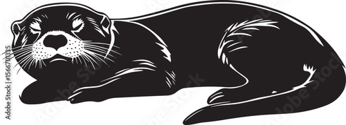 Otter Resting Lying on its belly or back, body curled or stretched out, eyes closed. full length silhouette black vector illustration