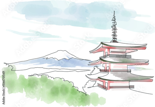 Scenery overlooking Mount Fuji and Five-storied pagoda painted with a single stroke and watercolors. Yamanashi, Japan