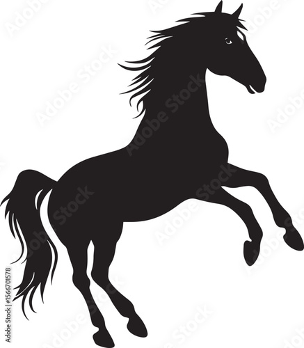 Horse Rearingâ€‹ On hind legs front legs raised tail straight up. full length silhouette black vector illustration
