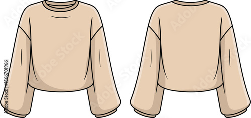 Women’s oversized cropped sweatshirt flat sketch with dropped shoulders and balloon sleeves – fashion CAD illustration for cozy loungewear, tech pack, or apparel design projects.