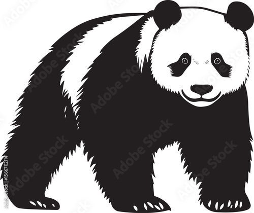 Panda Walking slow steps, body slightly hunched, tail trailing behind, black silhouette vector.