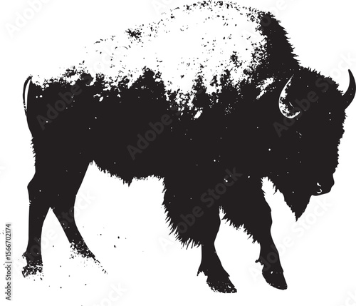 Bison Dust Bathing Body partially covered in dust, head down, legs slightly bent. full length silhouette black vector illustration