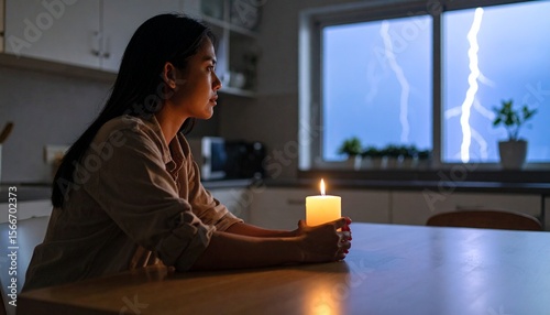 Candle-lit moment during blackout. Quiet, moody, emotional — perfect for themes of waiting, crisis, or memory.