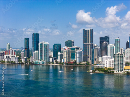 Aerial view of Brickell skyscrapers. Modern cityscape of downtown Miami. Panoramic Miami skyline above the coastline. Brickell Key aerial view in Miami.
