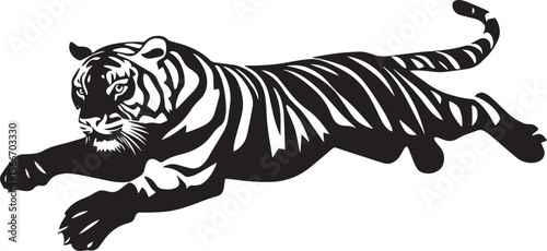Tiger Jumping Mid-air leap with legs extended, body arched. full length silhouette black vector illustration
