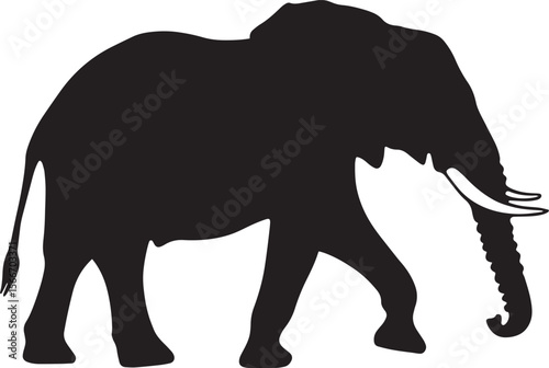 Elephant Sprinting Head bent down, trunk reaching out, tusks prominent, full-length black silhouette vector illustration.