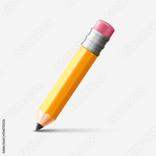 Volumetric 3D yellow wooden pencil with eraser.