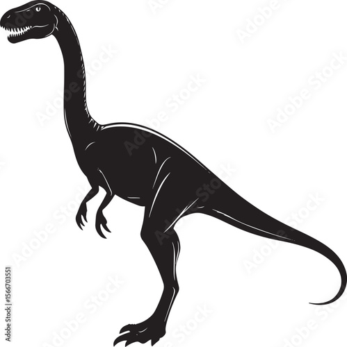 Saurophaganax - A robust theropod with a long tail, strong legs, and a massive head for hunting. full length silhouette black vector illustration
