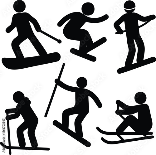 Silhouette set of skiing and snowboarding icons for winter sports