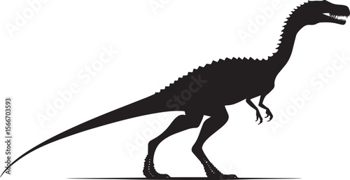 Saurophaganax A sturdy theropod featuring a lengthy tail, powerful legs, and a large head adapted for hunting, full-length black silhouette vector illustration.