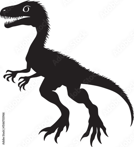 Velociraptor A nimble bipedal carnivore featuring a slender body, long tail, and distinctive sickle-shaped claws, full-length black silhouette vector illustration.