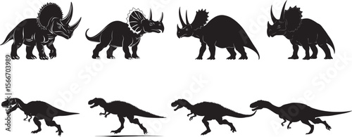 Triceratops - A quadrupedal herbivore with a frill at the back of its head and three horns, standing on sturdy limbs. full length silhouette black vector illustration