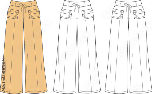 Women wide leg pants fashion flat sketch technical drawing with button flap waistband detail drawstring design apparel template vector illustration