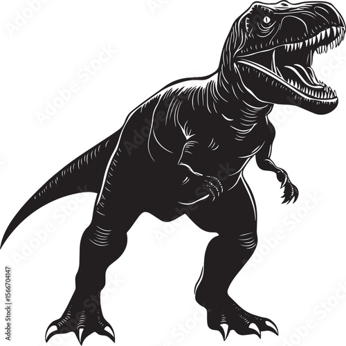 T-Rex Yelling A giant T-Rex bellowing loudly, mouth agape and exhibiting a strong stance, complete black vector silhouette design.