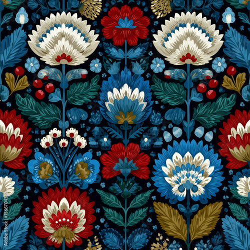 Scandinavian folk art pattern with stylized flowers in red, blue, and white  generative ai