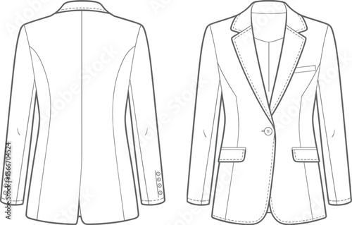 Women’s tailored blazer jacket flat sketch front back technical drawing, vector CAD template for fashion design, professional apparel illustration