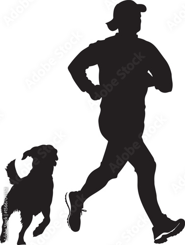 Dog and Owner Running Silhouette A human jogging with a dog beside them. full length silhouette black vector illustration
