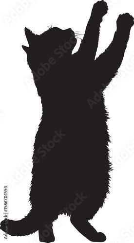 Cat Playing with Toy Silhouette A cat standing on its hind legs, extending one paw to bat at a toy, complete black vector silhouette design.