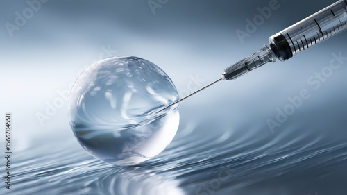 Syringe injecting into clear liquid sphere on reflective surface, creating futuristic and scientific atmosphere