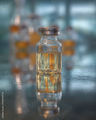 Single sterile glass vial with metal cap containing amber liquid, reflecting on shiny surface. Blurred background