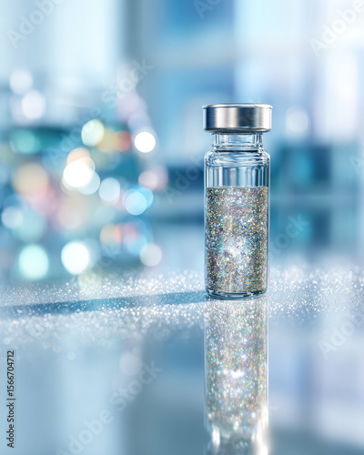 Single glass vial filled with shimmering glitter stands on reflective surface, creating magical and enchanting atmosphere