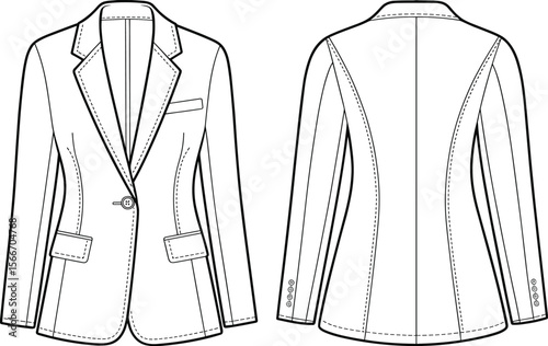 Women’s classic single button blazer jacket technical flat sketch front back view, fashion CAD drawing vector template, professional apparel design