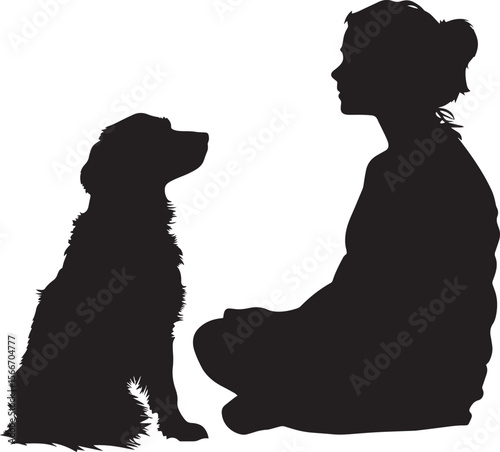 Therapy Dog with Human Silhouette A dog sitting peacefully beside a person, full-length black silhouette vector illustration.