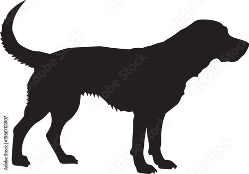 Dog Exploring Silhouette A dog in a crouched position, head down and tail up, actively sniffing the earth, complete black vector silhouette design.