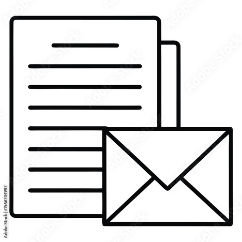 Black line art icon of a document with horizontal lines and an envelope paper mail