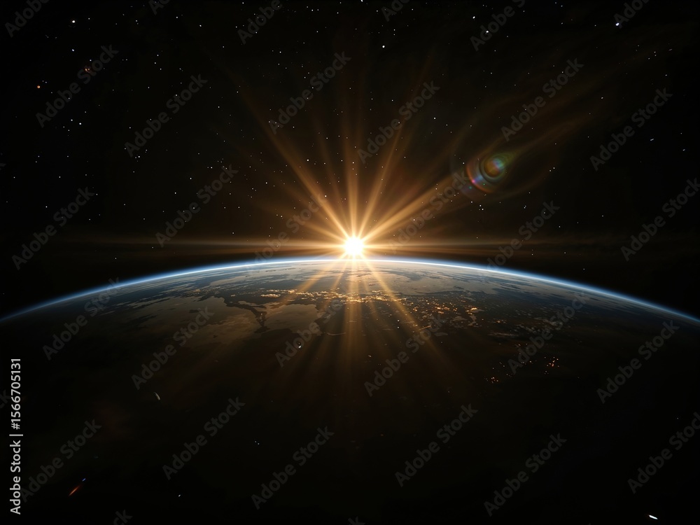 Fototapeta premium Earth and Sunrise with Stars: Awe-Inspiring Photo-Realistic Astrophotography of the Universe's Celestial Beauty in Space and Outer Atmosphere with Epic Solar Flare in High Resolution