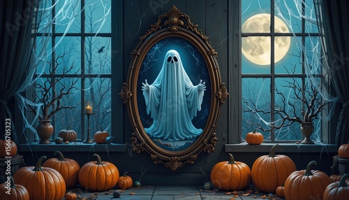 Ghostly apparition in an antique mirror at night.